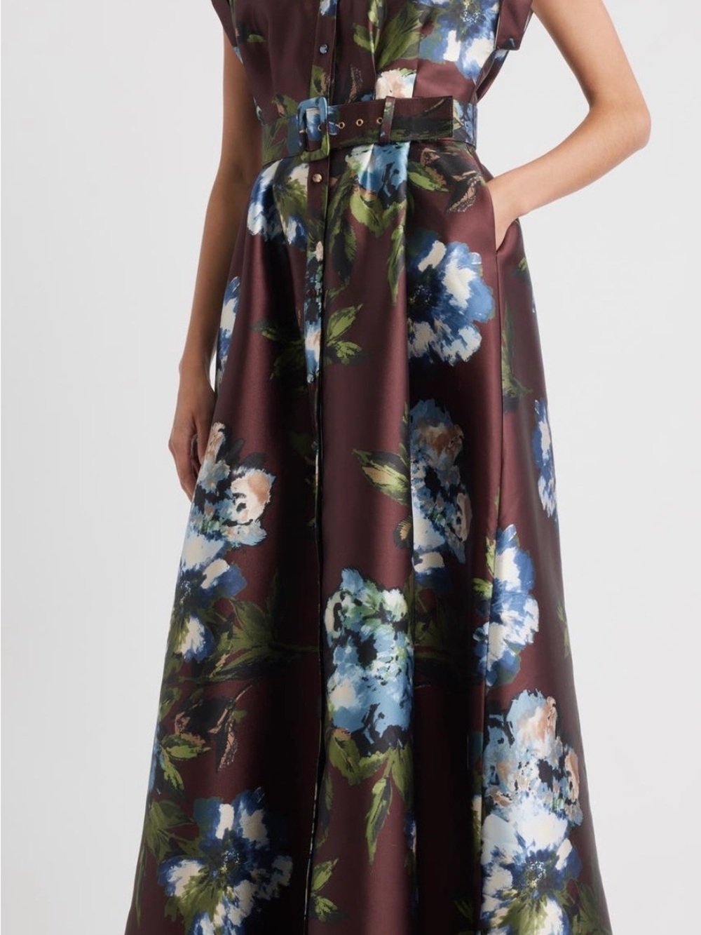 Julia Jordan Floral Print Belted Satin Gown - Brown Multi - Size 6